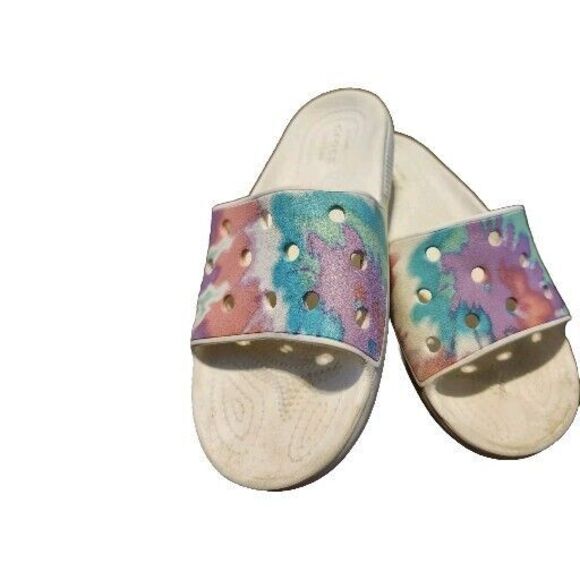 Crocs Tie Dye Graphic Classic Slip On Shoes Women's Size 7 White Colorful Slide - Picture 1 of 8